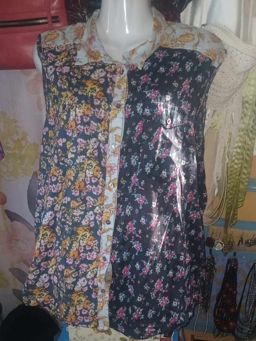 Sundance Multicolor Floral Cotton Sleeveless Button-Down Top XL